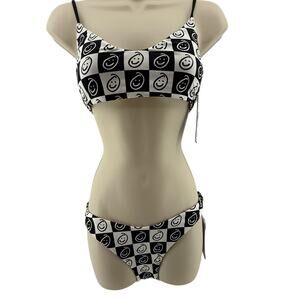 Hurley Black White Smiley Plaid Scoop Bralette Bikini Top Womens Medium